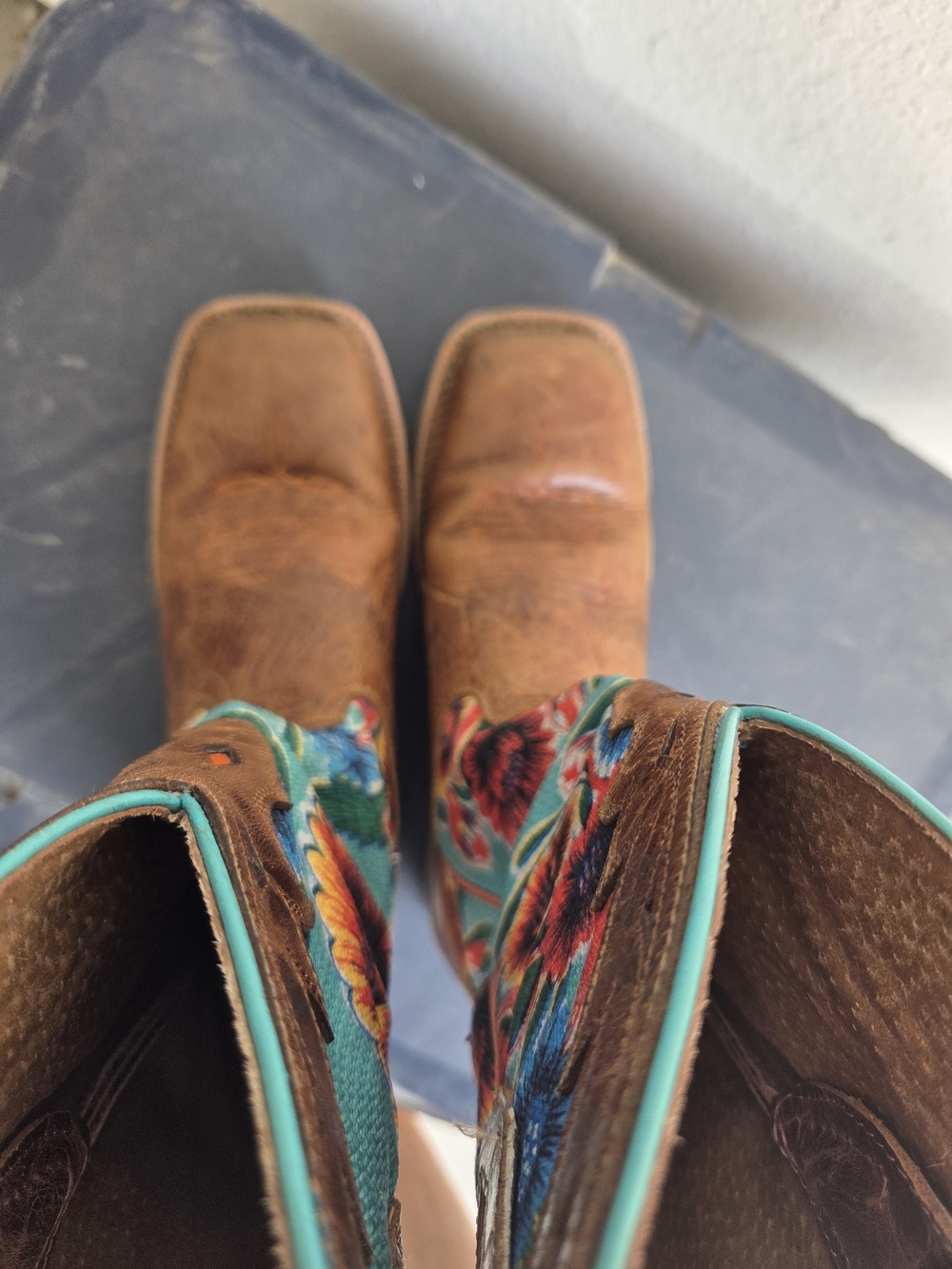 Ariat Brown Leather Wide Square Toe Boots with Turquoise Floral Shaft - Picture 11 of 14